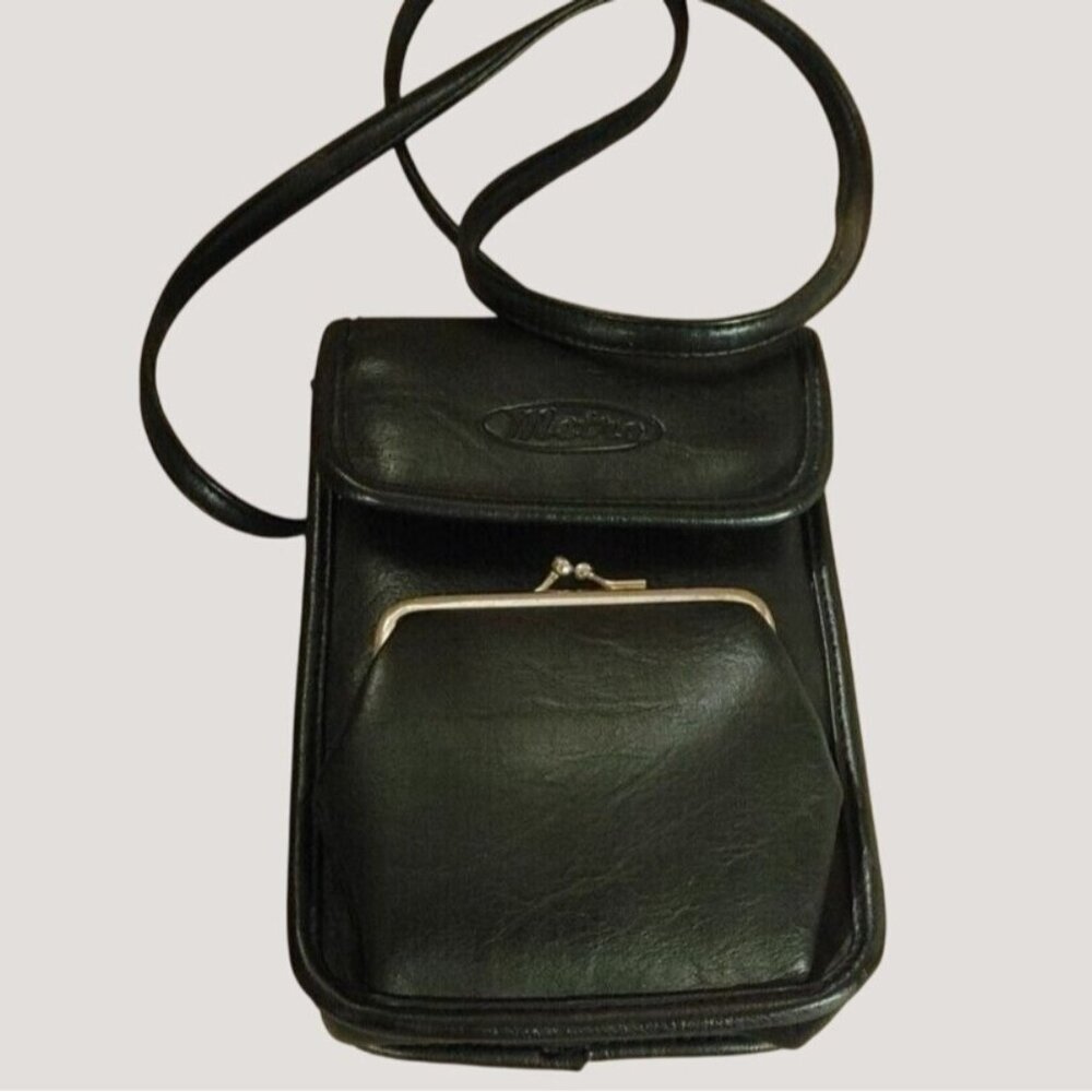 Metro Crossbody Travel Bag Black Kiss Lock Coin Pouch Vintage Medium Size